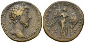 Marcus Aurelius, 161-180 Sestertius circa 166, Æ 33mm., 24.23g. Laureate head r. Rev. Victory standing facing, head r., holding palm and placing inscr...