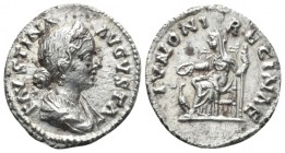 Faustina junior, daughter of Antoninus Pius and wife of Marcus Aurelius Denarius circa 161-176, AR 18mm., 3.07g. Draped bust r. Rev. Juno seated l., h...