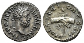 Clodius Albinus, 195-197 Denarius Lugdunum circa 195-197, AR 18mm., 3.43g. Laureate head r. Rev. Clasped hands, holding legionary eagle. C 24. RIC 20b...