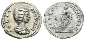 Julia Domna, wife of Septimius Severus Denarius circa 196-211, AR 18mm., 3.31g. Draped bust r. Rev. Isis wearing polos, standing r., resting l. foot o...