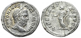 Caracalla, 198-217 Denarius circa 211, AR 20mm., 3.23g. Laureate head r. Rev. Liberalitas standing l., holding abacus and cornucopia. RIC 216. C 129....