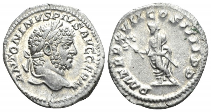 Caracalla, 198-217 Denarius circa 214, AR 19mm., 3.29g. Laureate head r. Rev. Ca...