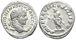 Caracalla, 198-217 Denarius circa 214, AR 19mm., 3.29g. Laureate head r. Rev. Caracalla standing l., holding branch and baton. RIC 246. C 247.

Extr...