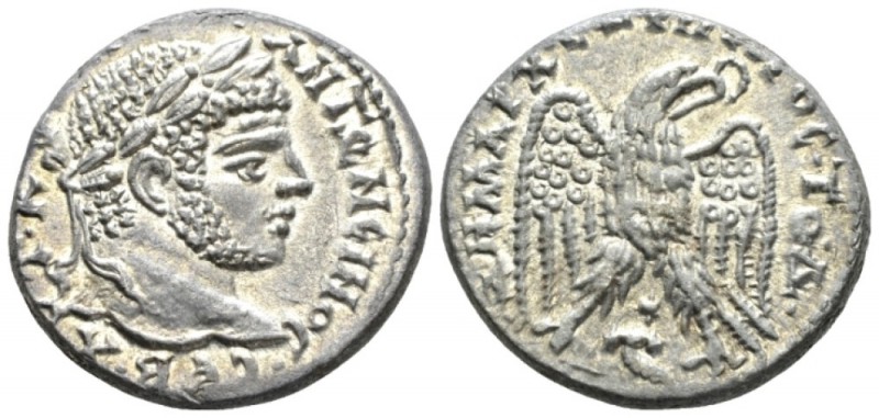 Caracalla, 198-217 Tetradrachm Antioch circa 215-217, AR 26.4mm., 13.13g. Laurea...