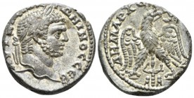 Caracalla, 198-217 Tetradrachm circa 215-217, AR 24.8mm., 12.13g. AYT KAI AN T – ωNINOC CEB Laureate head r. Rev. Eagle standing facing, with wings sp...