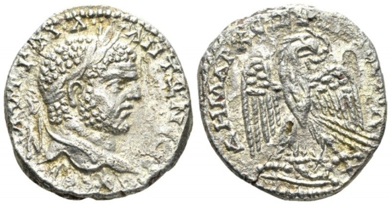 Caracalla, 198-217 Tetradrachm Antioch circa 215-217, AR 26mm., 11.40g. Laureate...