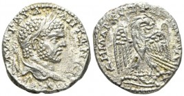 Caracalla, 198-217 Tetradrachm Antioch circa 215-217, AR 26mm., 11.40g. Laureate head r. Rev. Eagle standing facing, wings spread, head r., wreath in ...