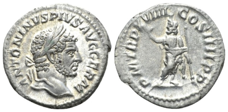 Caracalla, 198-217 Denarius 216, AR 19.5mm., 3.12g. Laureate head r. Rev. Serapi...