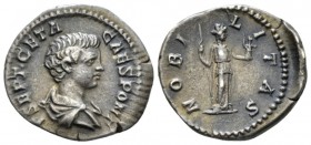Geta Caesar, 198-209. Denarius circa 200-202, AR 18mm., 3.16g. Laureate and draped bust r. Rev. Nobilitas standing r., holdig palladium and scepter. C...