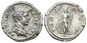 Geta as Caesar, 198-209. Denarius circa 205-208, AR 19.5mm., 3.16g. P SEPTIMIVS GETA CAES Bareheaded and draped bust r. Rev. PONTIF COS Minerva standi...