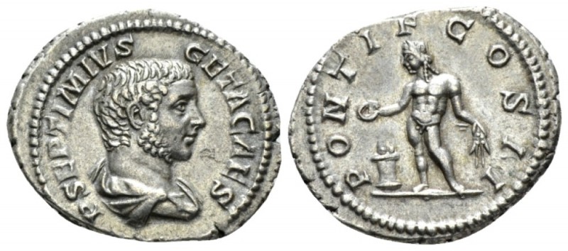 Geta caesar, 198 – 209. Denarius circa 209, AR 20mm., 3.13g. Bare-headed and dra...