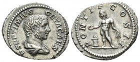 Geta caesar, 198 – 209. Denarius circa 209, AR 20mm., 3.13g. Bare-headed and draped bust r. Rev. Genius standing l., holding corn ears and sacrificing...