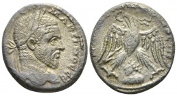Macrinus, 217-218 Tetradrachm Emesa circa 217-218, AR 26mm., 11.94g. Laureate head r.. Rev. Eagle standing r., head turned l.; radiate bust of Shamash...