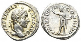 Severus Alexander, 222-235 Denarius circa, AR 21mm., 3.06g. Laureate head r. Rev. Sol standing right, head l., raising r. hand and holding globe. C 39...