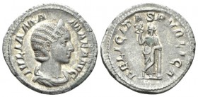 Julia Mamaea, mother of Severus Alexander Denarius circa 222-235, AR 21mm., 3.48g. IVLIA MA – MAEA AVG Diademed and draped bust r. Rev. FELICIT – A – ...