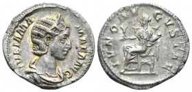 Julia Mamaea, mother of Severus Alexander Denarius circa 231, AR 20mm., 2.76g. Diademed and draped bust r. Rev. Juno seated l., holding flower and inf...