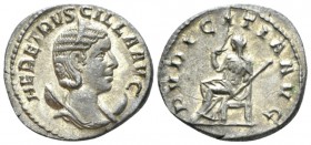 Herennia Etruscilla, wife of T. Decius Antonianianus circa 249-251, AR 20mm., 2.78g. Diademed and draped bust r. Rev. Juno seated l., holding flower a...