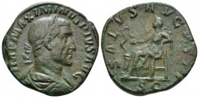Maximinus I, 235-238 Sestertius circa 235-236, Æ 29mm., 17.62g. Laureate, draped and cuirassed bust r. Rev. Salus seated l. feeding snake out of pater...