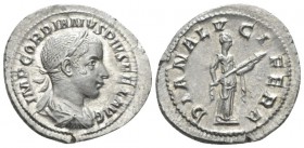 Gordian III, 238-244 Denarius circa 240, AR 22mm., 3.13g. Laureate, draped and cuirassed bust r. Rev. Diana Lucifera standing r., holding long torch. ...
