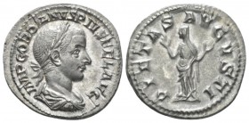 Gordian III, 238-244 Denarius 241, AR 19mm., 3.05g. Laureate, draped and cuirassed bust r. Rev. Pietas standing, veiled, both hands raised. C 186. RIC...