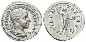 Gordian III, 238-244 Denarius 241-243, AR 21mm., 3.19g. Laureate, draped and cuirassed bust r. Rev. Sol standing r., head l., raising r. hand and hold...