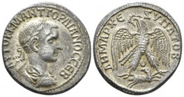 Gordian III, 238-244 Antioch circa 241-244, AR 25.711.61mm., 11.61g. Laureate, draped and cuirassed bust r. Rev. ΔHMAPX ЄΞ YΠA TO B Eagle standing fac...