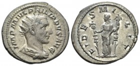 Philip I, 244-249 Antoninianus 244-247, AR 24.5mm., 4.92g. IMP M IVL PHILIPPVS AVG Radiate, draped and cuirassed bust r. Rev. FIDES MILIT Fides standi...