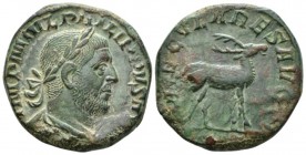 Philip I, 244-249 Sestertius circa 248, Æ 28mm., 14.47g. Laureate, draped and cuirassed bust r. Rev. Stag r. C 183. RIC 160. Green patina, traces of o...