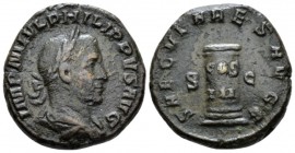Philip I, 244-249 Sestertius circa 248, Æ 26mm., 10.86g. Laureate, draped and cuirassed bust r. Rev. Low inscribed column. C 195. RIC 162a.

Dark br...