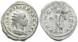 Philip II Caesar, 244-247. Antoninianus circa 245, AR 22.5mm., 3.50g. Radiate, draped and cuirassed bust r. Rev. Philip standing l., holding globe and...