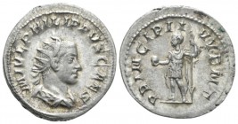 Philip II caesar, 244 – 247. Antoninianus circa 245-246, AR 23mm., 4.13g. Radiate and draped bust r. Rev. Prince standing l., holding globe and spear....