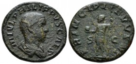 Philip II caesar, 244 – 247. As circa 245-246, Æ 24mm., 7.97g. Bare-headed and draped bust r. Rev. Prince standing l., holding globe and spear. RIC 25...