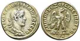 Philip II, 247-249 Tetradrachm circa 247-249, AR 25mm., 10.84g. Laureate, draped, and cuirassed bust r. Rev. Eagle standing r., holding wreath in beak...