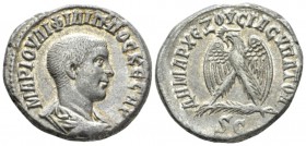 Philip II Caesar, 244-247. Tetradrachm circa 244, AR 26.2mm., 13.92g. Bareheaded, draped, and cuirassed bust r. Rev. Eagle standing facing on palm fro...