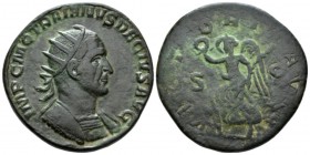 Trajan Decius, 249-251 Double-sestertius circa 249-251, Æ 35mm., 42.20g. Radiate and cuirassed bust r. Rev. Victory walking l., holding wreath and pal...