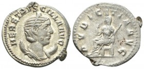 Herennia Etruscilla, wife of Trajan Decius Antoninianus circa 250, AR 22.5mm., 4.15g. Diademed and draped bust r., set on crescent. Rev. Pudicitia sea...