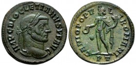 Diocletian, 284-305 Follis Ticinum circa 296-297, Æ 27.5mm., 8.56g. Laureate head l. Rev. Genius standing l., holding patera anc cornucopiae; star / P...