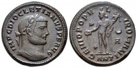 Diocletian, 284-305 Follis Antiochia circa 297, Æ 26mm., 9.89g. Laureate head r. Rev. Genius standing facing, head l., holding patera and cornucopia; ...