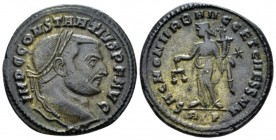 Constantius I, 305-306 Follis Rome circa 305, Æ 29mm., 9.57g. Laureate head r. Rev. Moneta standing l., holding scales and cornucopiae; */RT. RIC 120a...