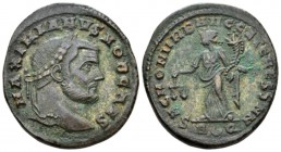 Galerius caesar, 293-305. Follis Rome circa 303-305, Æ 26mm., 11.48g. Laureate head r. Rev. Moneta standing l., holding scales and cornucopiae; in exe...