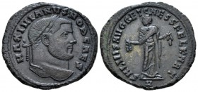 Galerius Maximianus Caesar, 293-305 Follis Carthage circa 299-303, Æ 28mm., 9.56g. Laureate head r. Rev. Carthago standing facing, head l., holding fr...