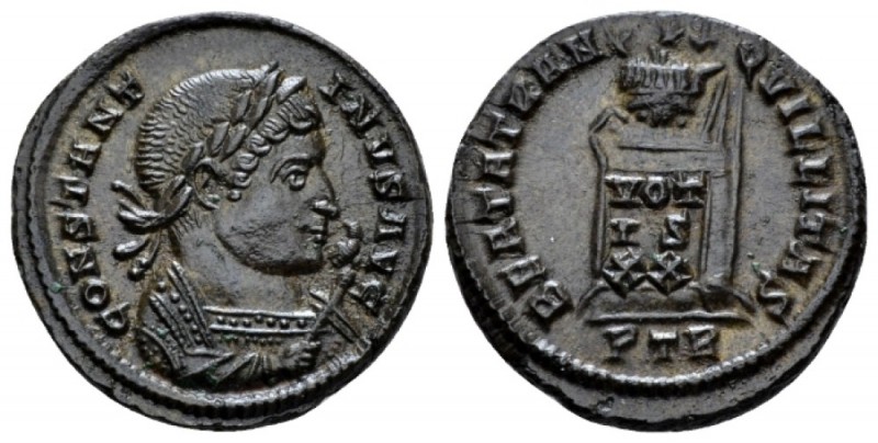 Constantine I, 307-337 Follis Trier circa 321, Æ 19mm., 3.10g. Laureate, mantled...