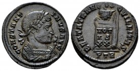 Constantine I, 307-337 Follis Trier circa 321, Æ 19mm., 3.10g. Laureate, mantled bust right, holding eagle tipped sceptre. Rev. Globe set on altar ins...