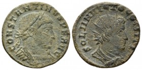 Constantine I, 307-337 Follis Treveri circa 310-313, Æ 20.5mm., 4.06g. CONSTANTINVS P F AVG Laureate and cuirassed bust r. Rev. SOLI INVICTO COMITI Ra...