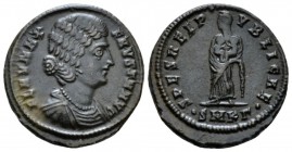 Fausta, wife of Constantine Follis Cyzicus circa 326-327, Æ 21mm., 3.68g. Draped bust r. Rev. Empress or Salus standing facing, head l., holding two c...