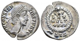 Constantius II, 337-361 Siliqua Siscia circa 351-355, AR 20mm., 3.02g. D N CONSTAN - TIVS P F AVGPearl-diademed head r. Rev. VOT / XXX / MVLT / XXXX w...