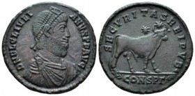 Julian II, 360-363 Æ 1 Constantinopolis circa 361-363, Æ 28mm., 9.07g. Pearl-diademed, draped and cuirassed bust r. Rev. Bull standing r.; above, two ...