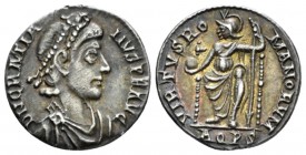 Gratian, 367-383 Reduced siliqua Aquileia circa 378-383, AR 16mm., 1.64g. Pearl-diademed, draped and cuirassed bust r. Rev. Roma enthroned facing, hol...