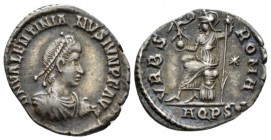 Valentinian II, 375-392 Siliqua Aquileia circa 375-378, AR 17mm., 2.11g. Pearl-diademed, draped and cuirassed bust r. Rev. Roma seated l. on cuirass, ...