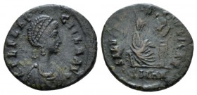 Aelia Flaccilla, wife of Theodosius I Ӕ4 Heraclea circa 383-386, Æ 14.5mm., 1.29g. AEL FLACCILLA AVG Draped bust r. with elaborate head dress, necklac...